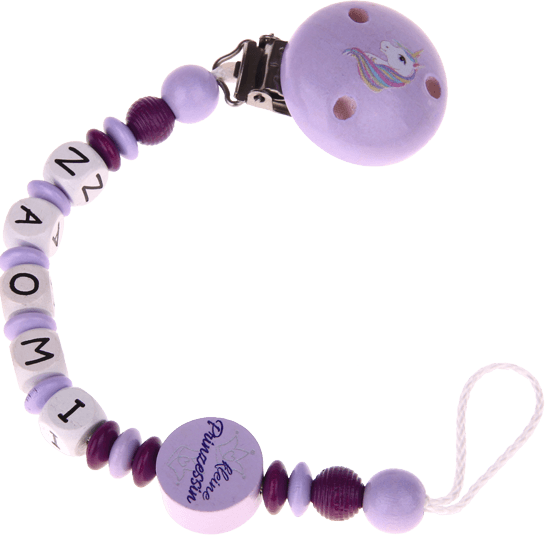 personalised dummy chain with name little princess unicorn lilac